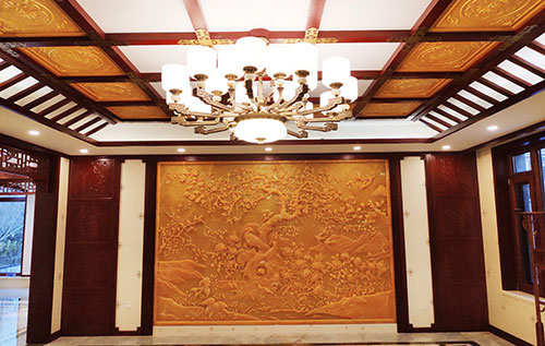 湘东中式别墅客厅中式木作横梁吊顶装饰展示