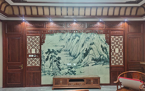 湘东中式仿古别墅客厅背景墙花格木作装饰
